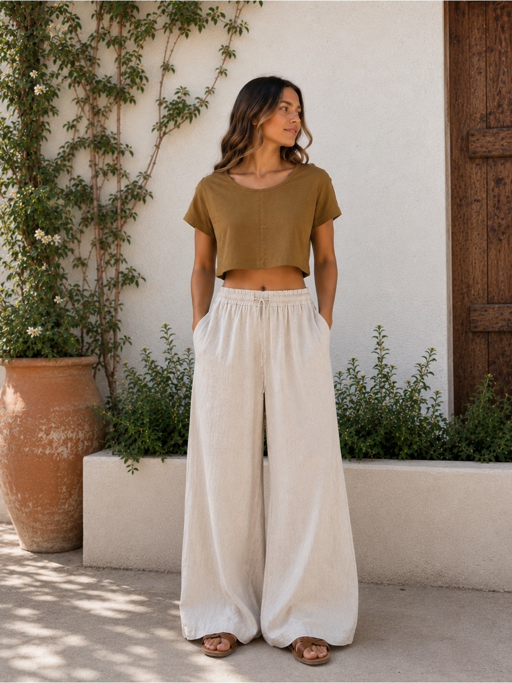 STAUD Olive Linen Boxy Crop Top